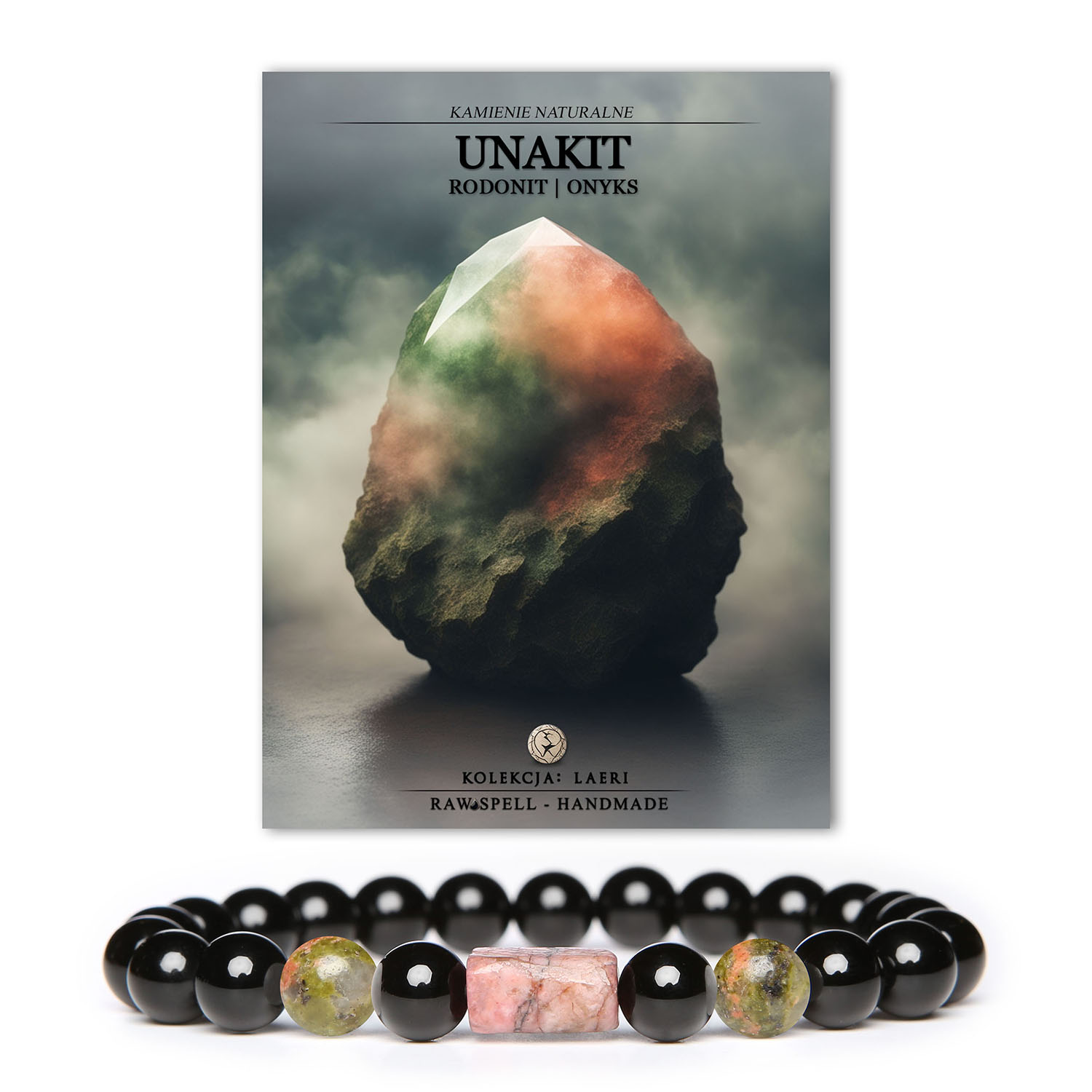 Elegancka bransoletka Laeri wykonana z unakitu, różowego rodonitu oraz onyksu, odpowiednia dla obu płci."