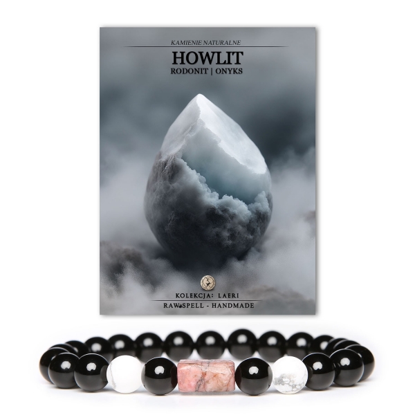 Bransoletka Laeri z naturalnymi kamieniami: howlit, różowy rodonit i onyks, przeznaczona dla kobiet i mężczyzn.