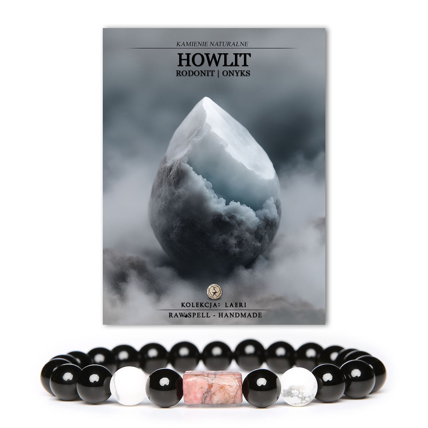 Bransoletka Laeri z naturalnymi kamieniami: howlit, różowy rodonit i onyks, przeznaczona dla kobiet i mężczyzn.