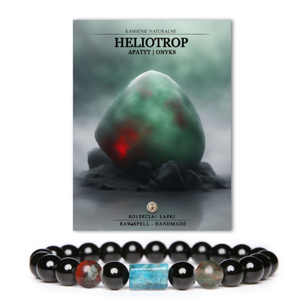 Bransoletka z naturalnych kamieni heliotrop, apatyt i onyks z kolekcji Laeri, doskonały dodatek zarówno dla kobiet, jak i mężczyzn.