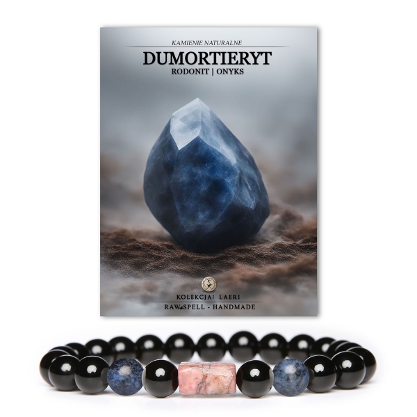 Bransoletka z kolekcji Laeri wykonana z naturalnych kamieni: dumortierytu, rodonitu i onyksu, idealna dla mężczyzn i kobiet.