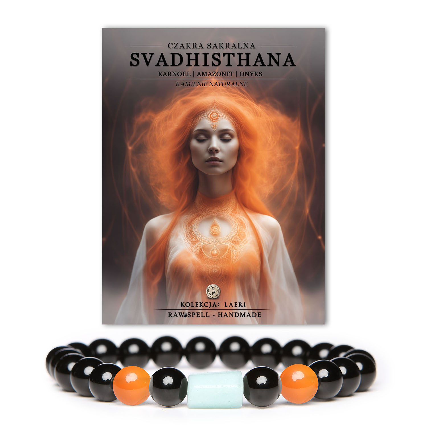 Stylowa bransoletka Laeri z kamieni naturalnych, w tym Amazonitu i Onyksu, ułatwiająca harmonię czakry sakralnej Svadhisthan.
