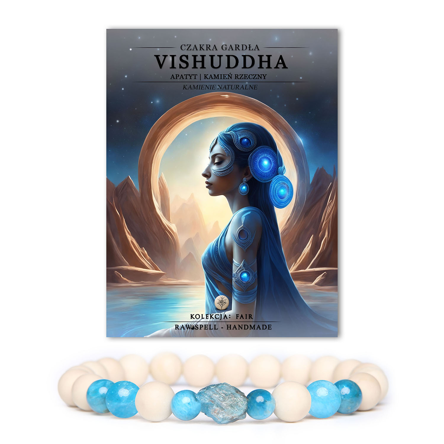 Elegancka bransoletka z naturalnych kamieni Apatyt i Kamień Rzeczny, inspirowana czakrą gardła Vishuddh, w kolekcji Fair.