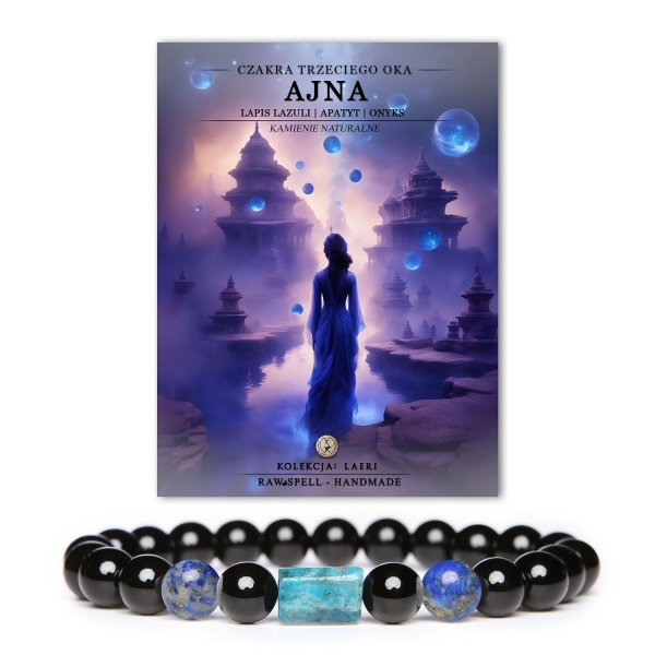 Elegancka bransoletka z kamieni naturalnych - Lapis Lazuli i Onyks, inspirowana czakrą trzeciego oka Ajna, kolekcja Laeri.