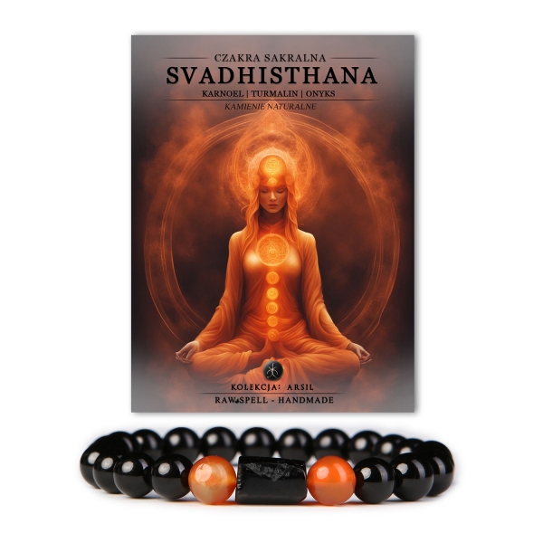 Stylowa bransoletka z kamieni naturalnych, wspierająca czakrę sakralną Svadhisthan, ozdobiona karneolem i turmalinem, doskonały dodatek z kolekcji Arsil.