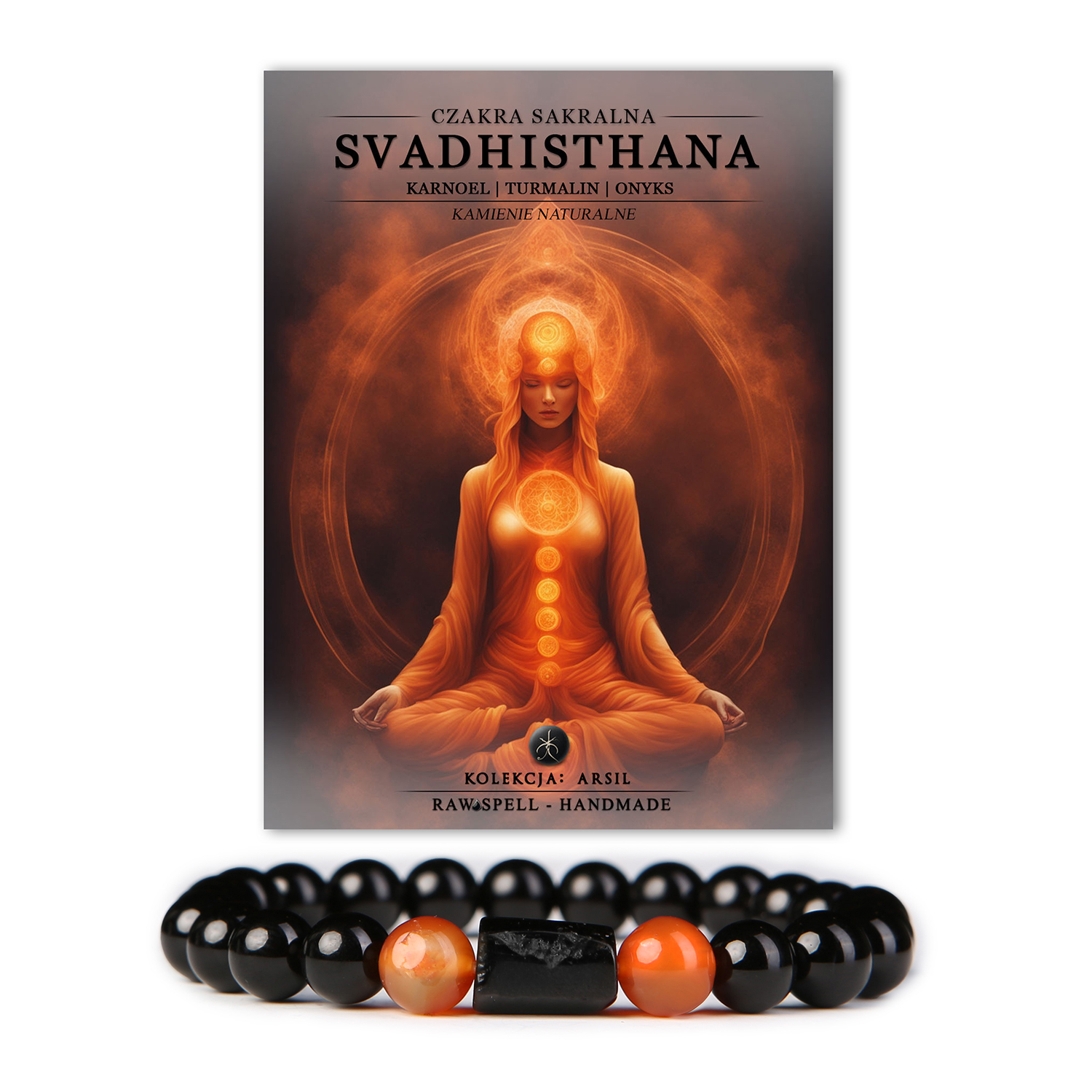 Stylowa bransoletka z kamieni naturalnych, wspierająca czakrę sakralną Svadhisthan, ozdobiona karneolem i turmalinem, doskonały dodatek z kolekcji Arsil.