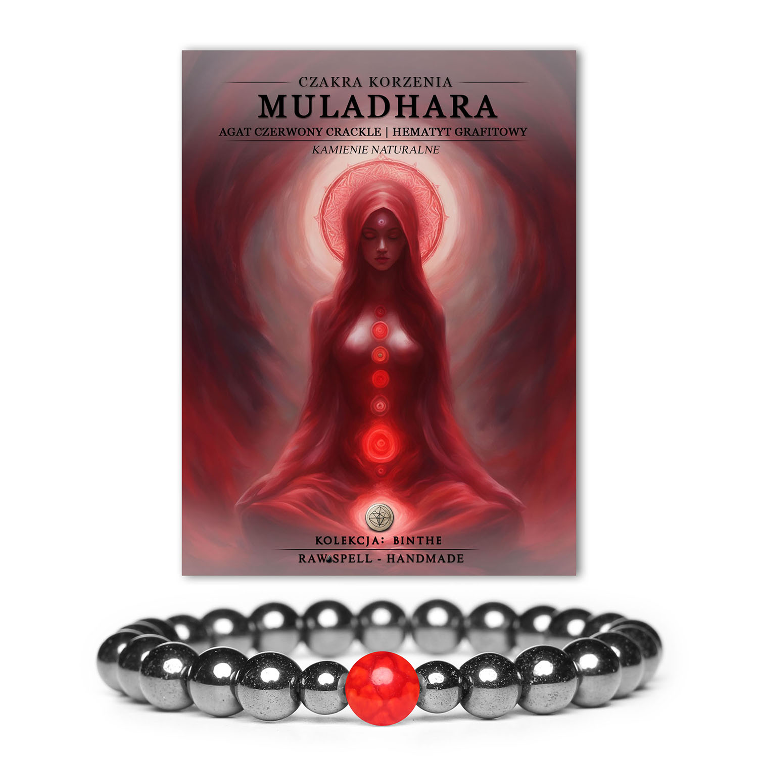 Elegancka bransoletka z czerwonym agatem crackle i grafitowym hematytem, symbolizująca ochronę i równowagę energetyczną czakry Muladhara.