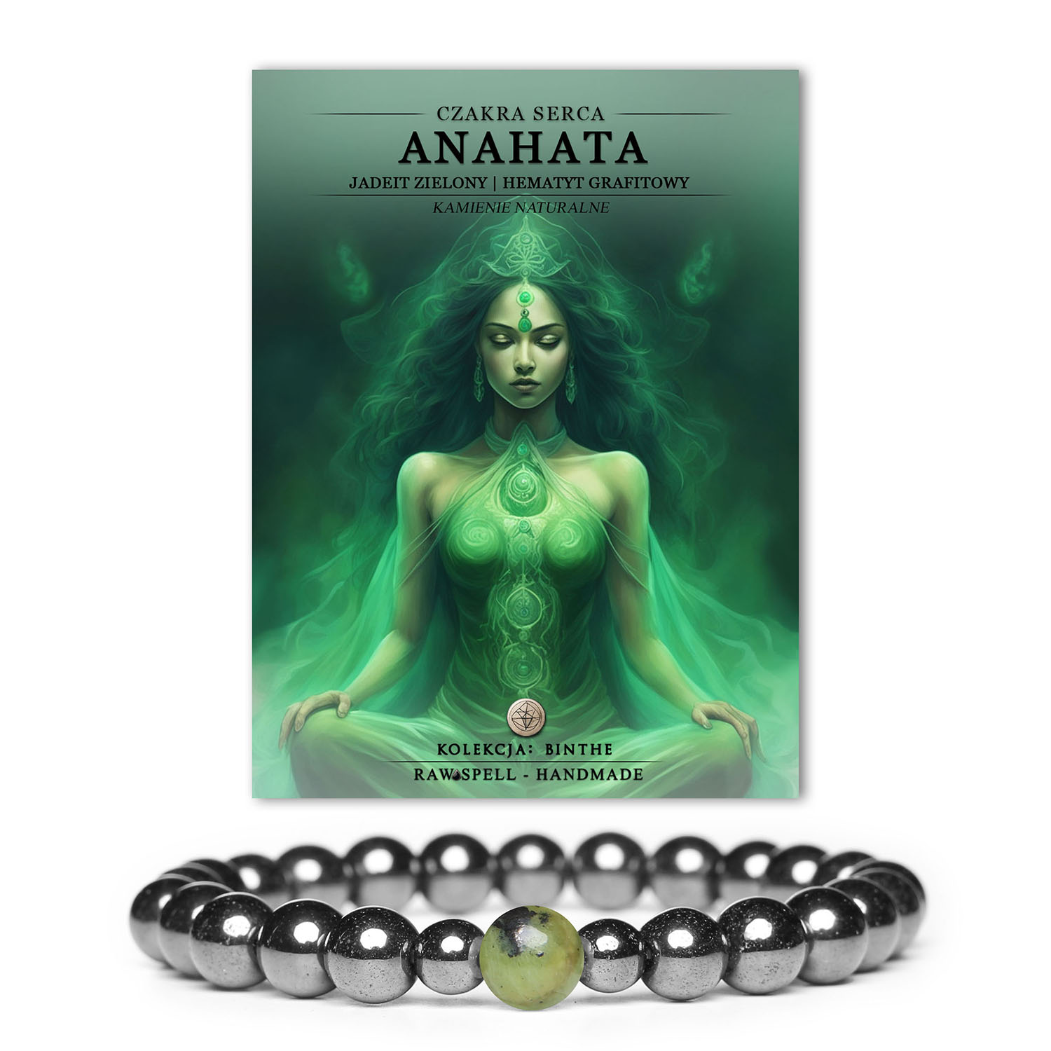Elegancka bransoletka z kamieni naturalnych, łącząca jadeit zielony i hematyt grafitowy, symbolizująca harmonię serca w kolekcji Binthe.