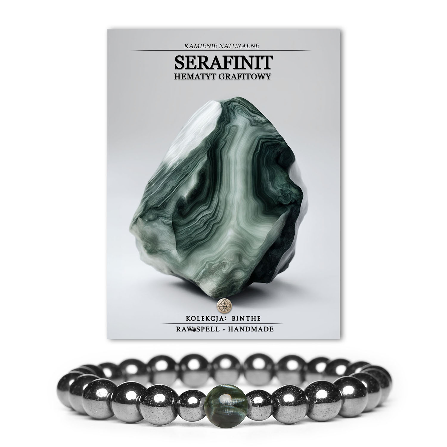Elegancka bransoletka z kolekcji Binthe, wykonana z naturalnych kamieni: serafinit i hematyt grafitowy - uniwersalna dla obu płci.