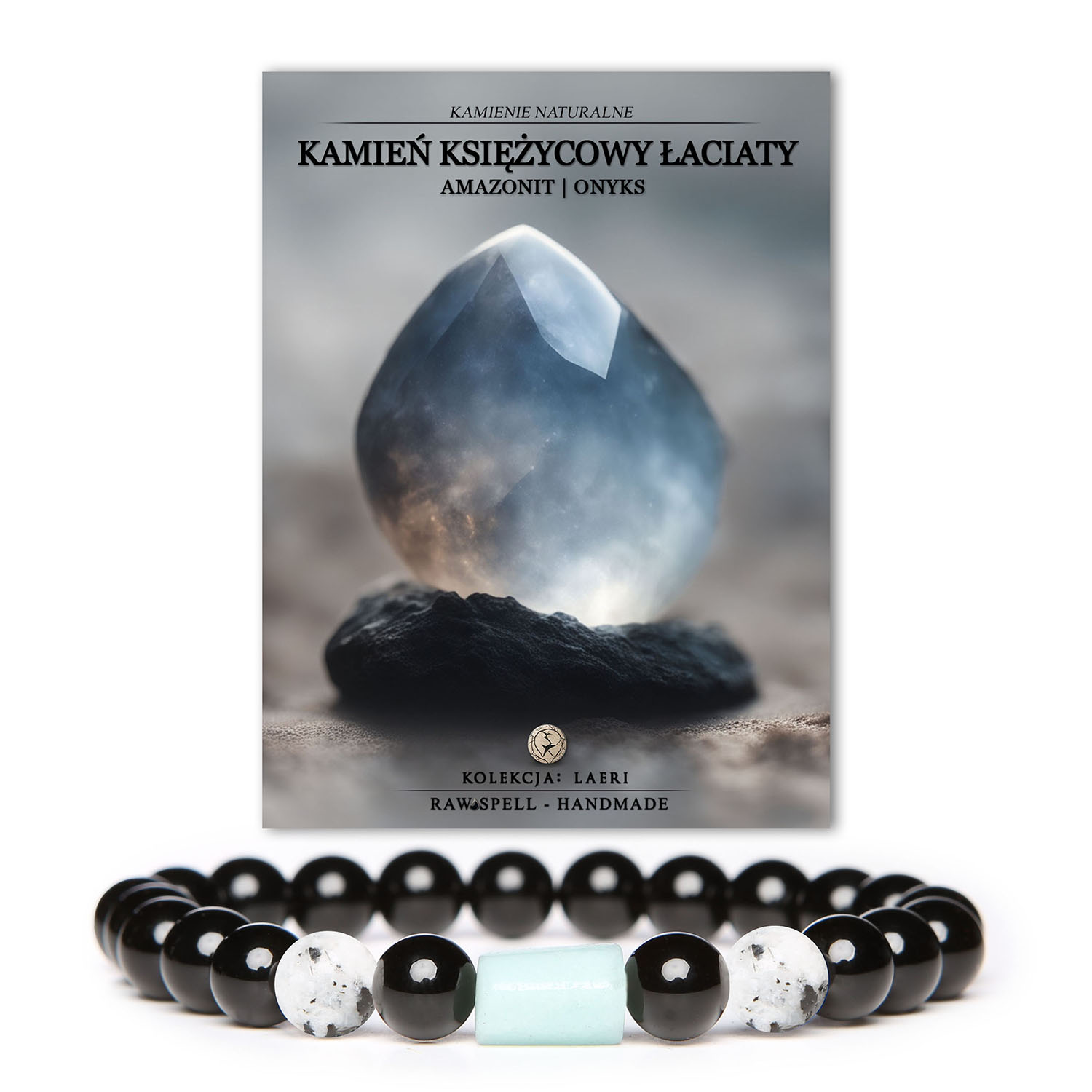 Bransoletka z kolekcji Laeri z naturalnymi kamieniami: Księżycowy Łaciaty, Amazonit i Onyks, idealna dla kobiet i mężczyzn.
