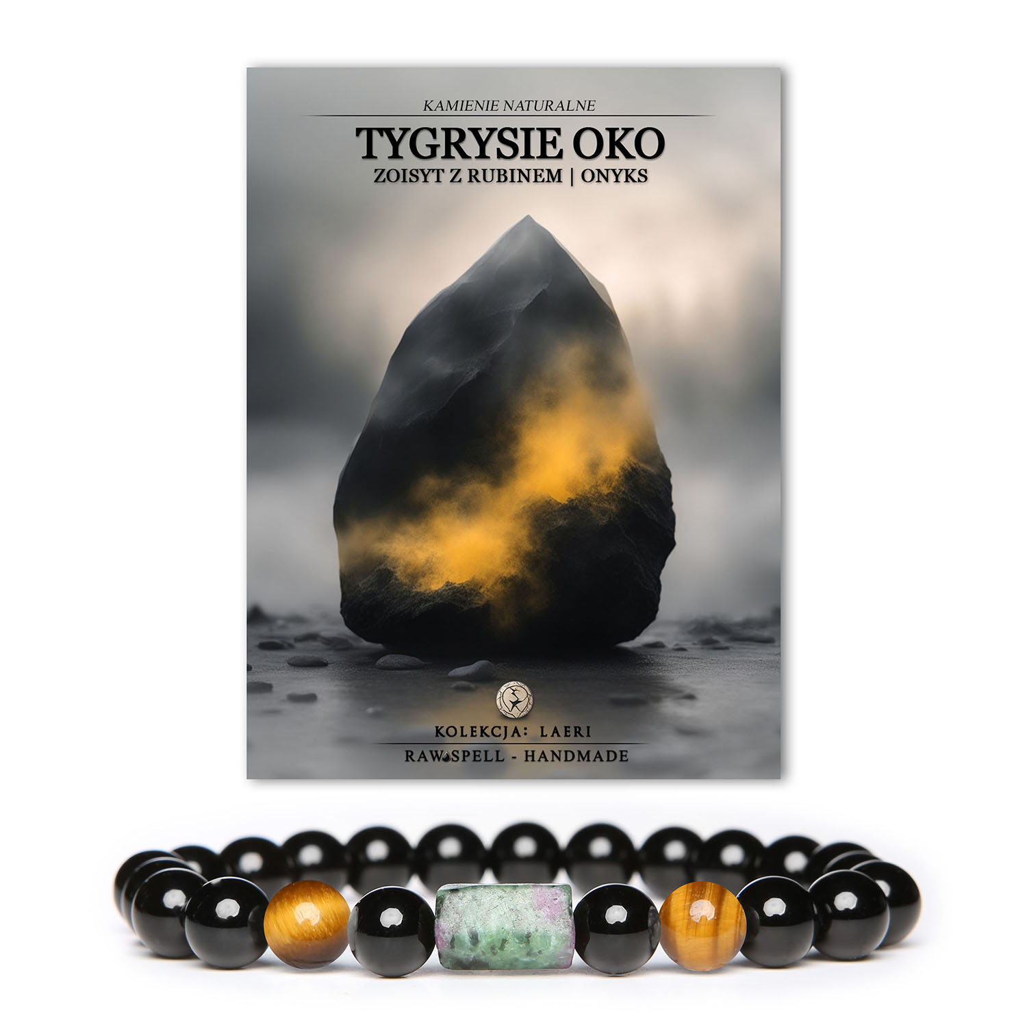 Bransoletka Laeri z naturalnych kamieni: Tygrysie Oko, Zoisyt z Rubinem i Onyks, idealna dla kobiet i mężczyzn ceniących oryginalność.