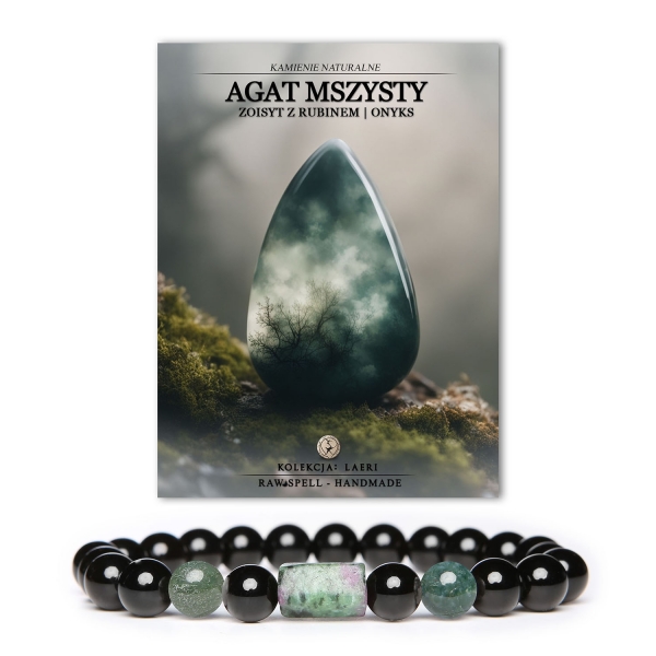 Elegancka bransoletka Laeri z kamieniami naturalnymi: Agat Mszysty, Zoisyt z Rubinem i Onyks - doskonały akcesorium dla każdej pory roku.