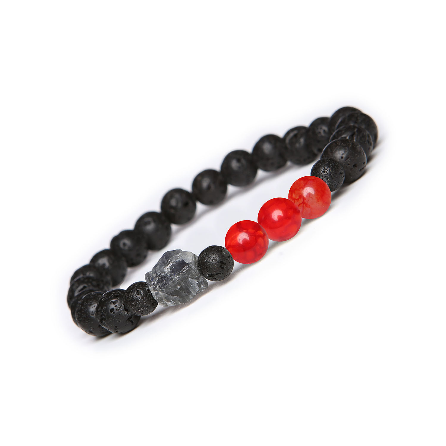 Derdr Collection - Bransoletka na gumce, Agat Czerwony Crackle, Labradoryt, Lawa Wulkaniczna - dla kobiet i mężczyzn Bransoletka z kolekcji Derdr wykonana z czerwonego agatu crackle, labradorytu i lawy wulkanicznej, idealna dla kobiet i mężczyzn.