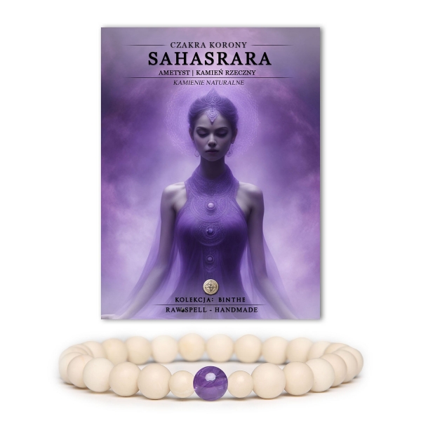 Bransoletka z naturalnych kamieni, łącząca czakrę korony Sahasrara z ametystem i kamieniem rzecznym w eleganckim stylu Binthe.