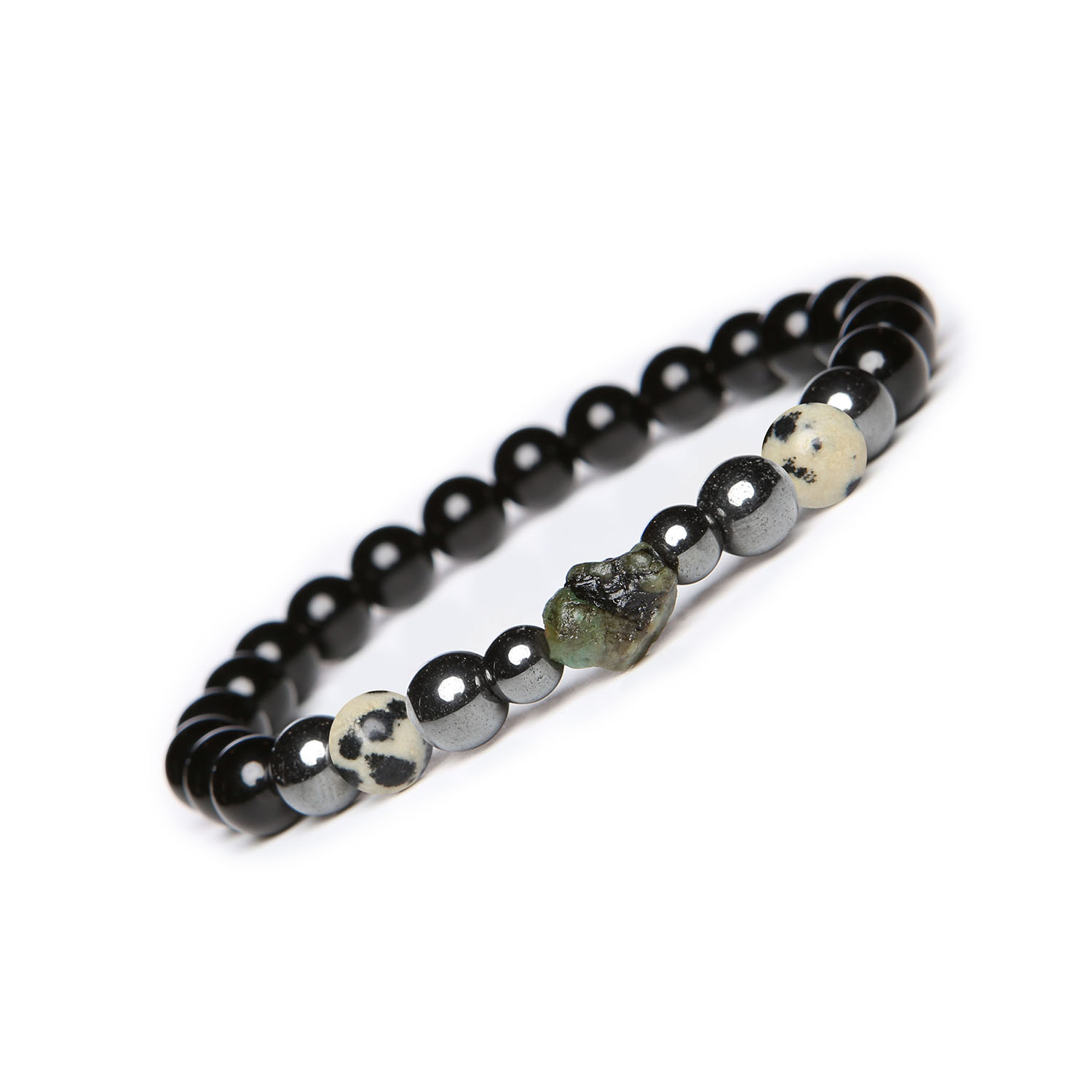 Elai - Bransoletka na gumce z Jaspisem Dalmatyńskim, Szmaragdem, Onyksami, Hematytami Grafitowymi, dla wszystkich Bransoletka z kamieniami naturalnymi z kolekcji Elai - Jaspis Dalmatyński, Szmaragd, Onyks i Hematyt Grafitowy dla kobiet i mężczyzn.