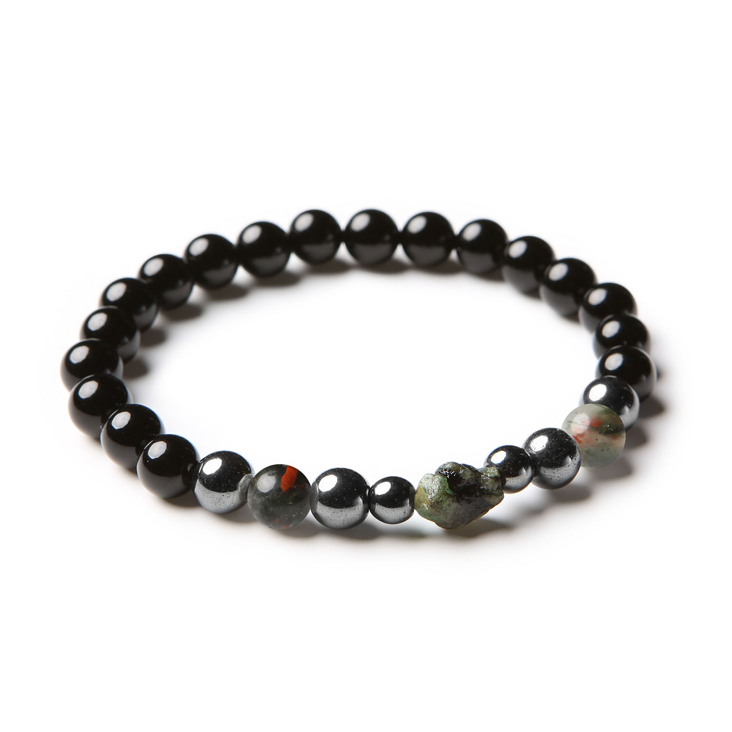 Stylowa bransoletka Elai wykonana z naturalnych kamieni: Heliotrop, Szmaragd, Onyks oraz Hematyt Grafitowy, dedykowana kobietom i mężczyznom.