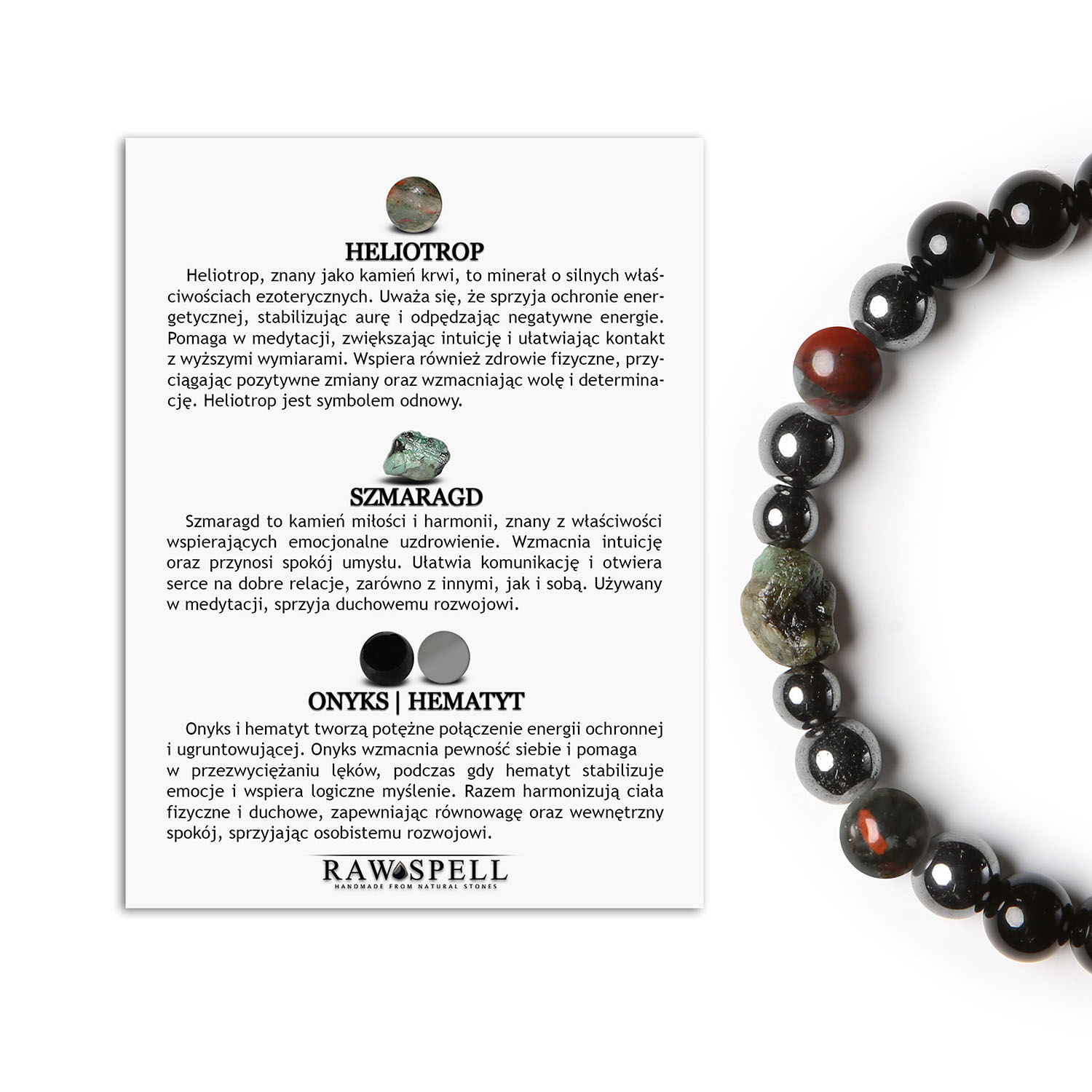 Elai bransoletka na gumce z heliotropem, szmaragdem, onyksami i hematytem grafitowym, idealna dla kobiet i mężczyzn Bransoletka z kolekcji Elai z kamieni naturalnych: Heliotrop, Szmaragd, Onyks i Hematyt Grafitowy, idealna dla kobiet i mężczyzn.