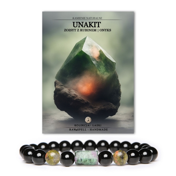 Stylowa bransoletka na gumce Laeri z kamieni naturalnych: unakit, zoisyt z rubinem oraz onyks - idealna dla kobiet i mężczyzn.