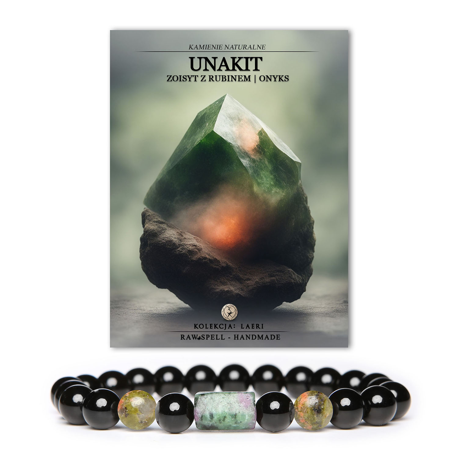 Stylowa bransoletka na gumce Laeri z kamieni naturalnych: unakit, zoisyt z rubinem oraz onyks - idealna dla kobiet i mężczyzn.