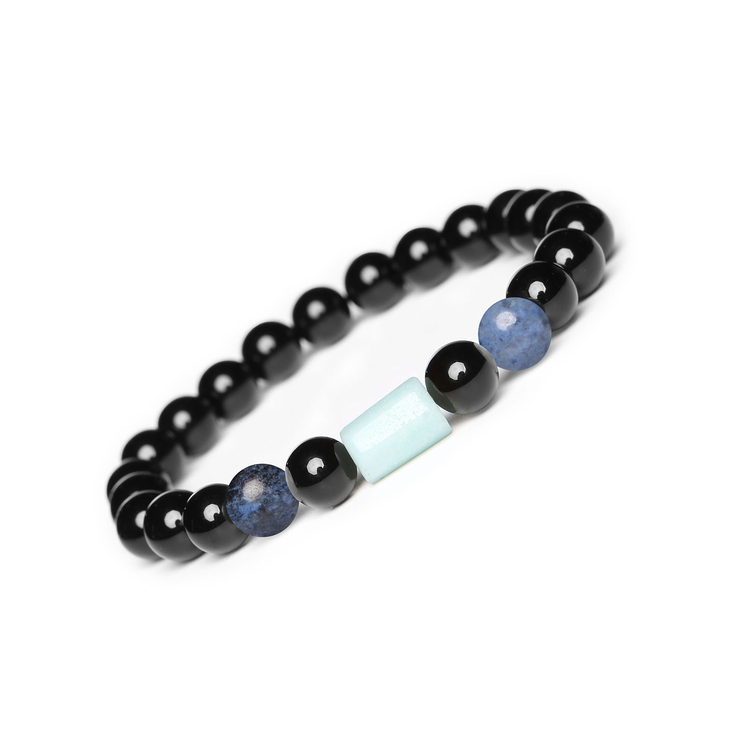 Elegancka bransoletka Laeri na gumce z dumortierytem, amazonitem i onyksem dla każdego Stylowa bransoletka Laeri z naturalnymi kamieniami, w tym dumortierytem, amazonitem i onyksem - unisex.