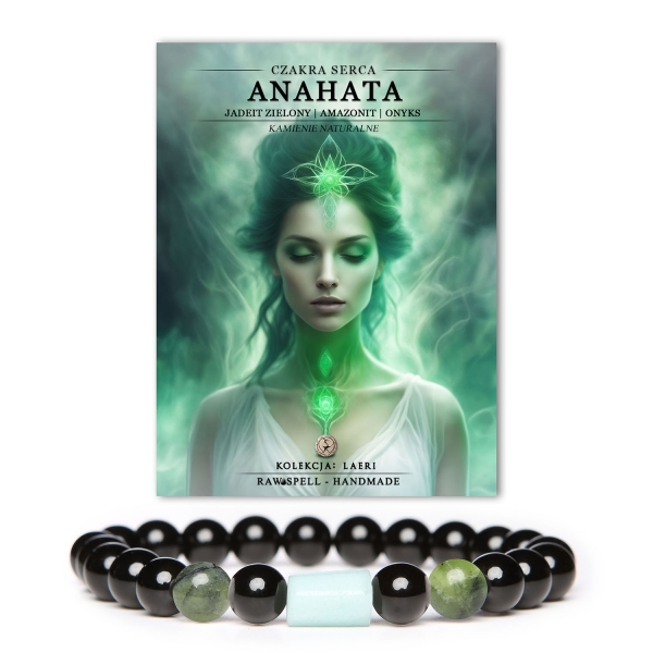 Bransoletka z naturalnych kamieni: czakra serca Anahata z jadeitu zielonego, amazonitu i onyksu. Doskonały dodatek do każdej stylizacji.