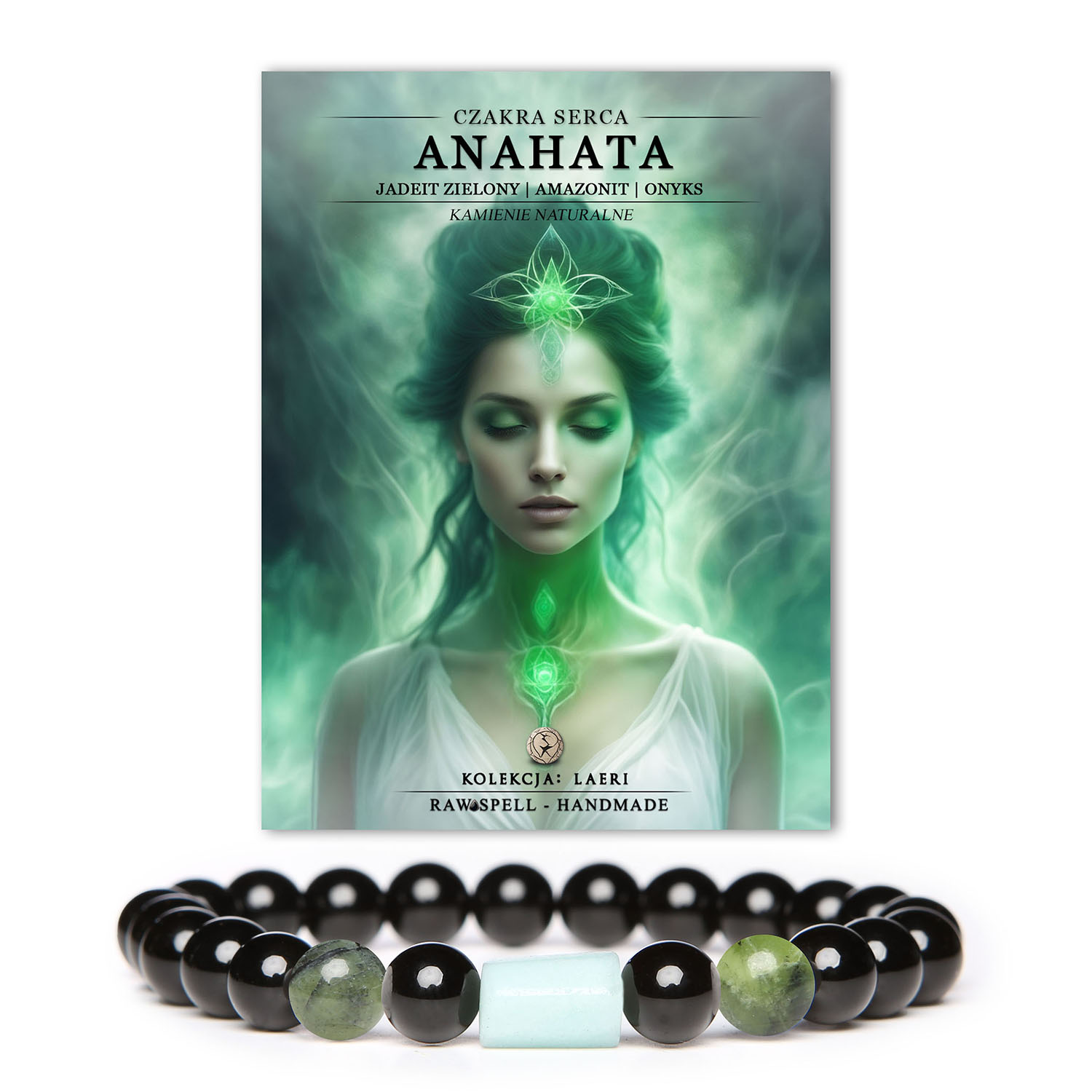 Bransoletka z naturalnych kamieni: czakra serca Anahata z jadeitu zielonego, amazonitu i onyksu. Doskonały dodatek do każdej stylizacji.