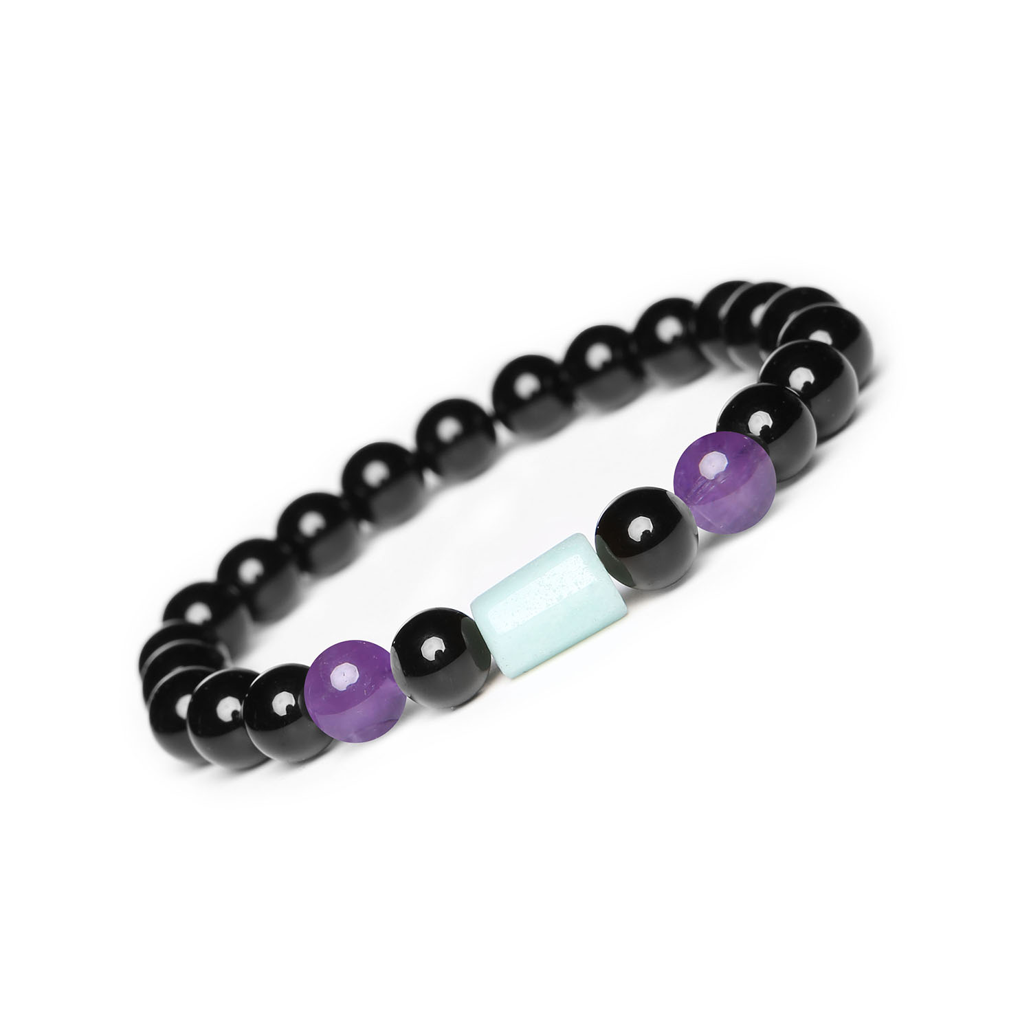 Elegancka bransoletka Laeri z gumką, ozdobiona ametystem, amazonitem i onyksami, dla kobiet i mężczyzn Bransoletka z kolekcji Laeri, wyposażona w piękne kamienie naturalne: Ametyst, Amazonit, Onyks