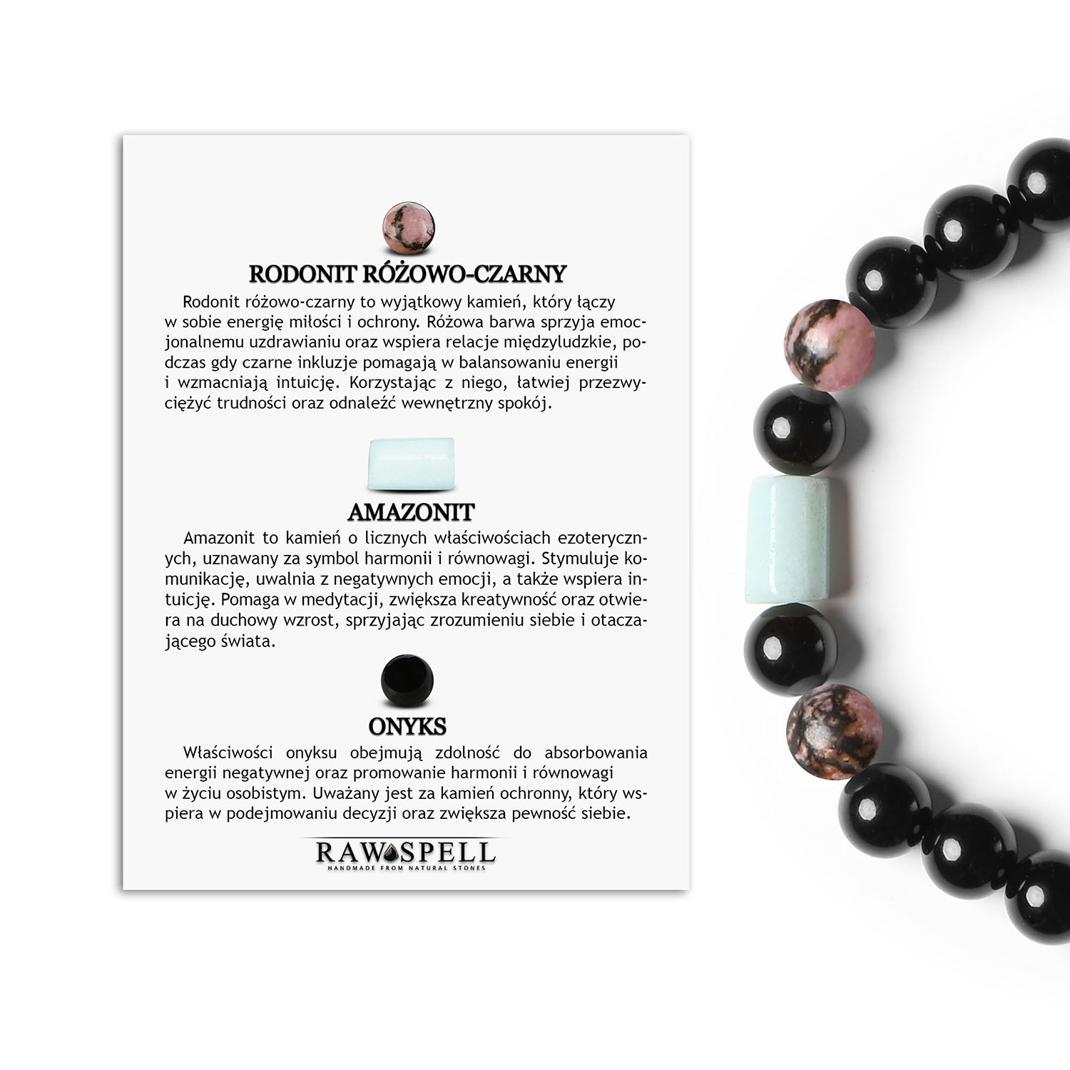 Elegancka bransoletka Laeri z rodonitu, amazonitu i onyksu, stworzona z myślą o mężczyznach i kobietach Bransoletka z kolekcji Laeri, łącząca rodonit różowo-czarny, amazonit i onyks, doskonała dla kobiet i mężczyzn, którzy cenią unikalny styl.