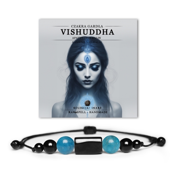Bransoletka z naturalnych kamieni - czakra gardła Vishuddh z apatytem, ozdobiona turmalinem i bryłką turmalinu, kolekcja Inare.
