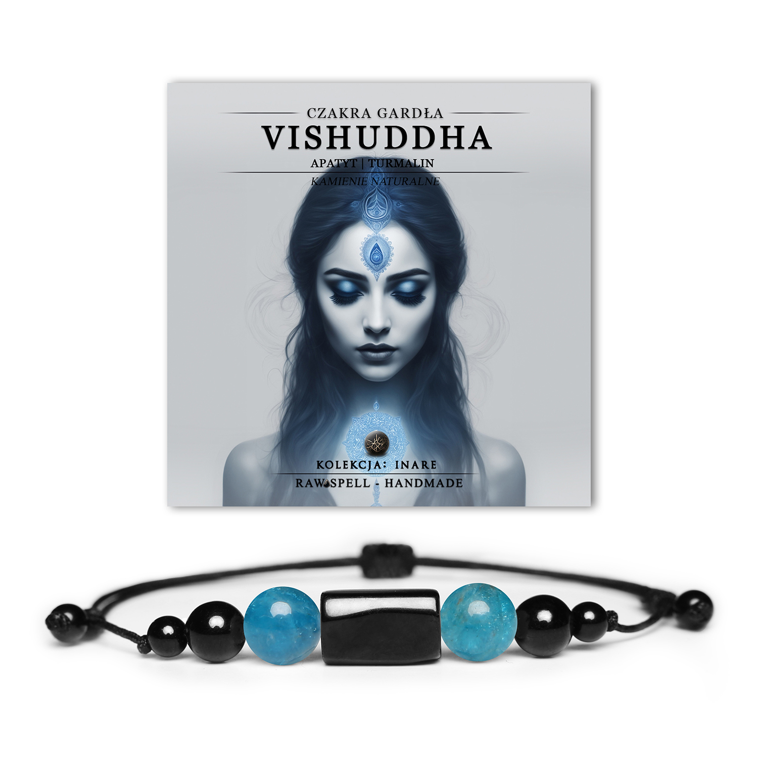 Bransoletka z naturalnych kamieni - czakra gardła Vishuddh z apatytem, ozdobiona turmalinem i bryłką turmalinu, kolekcja Inare.