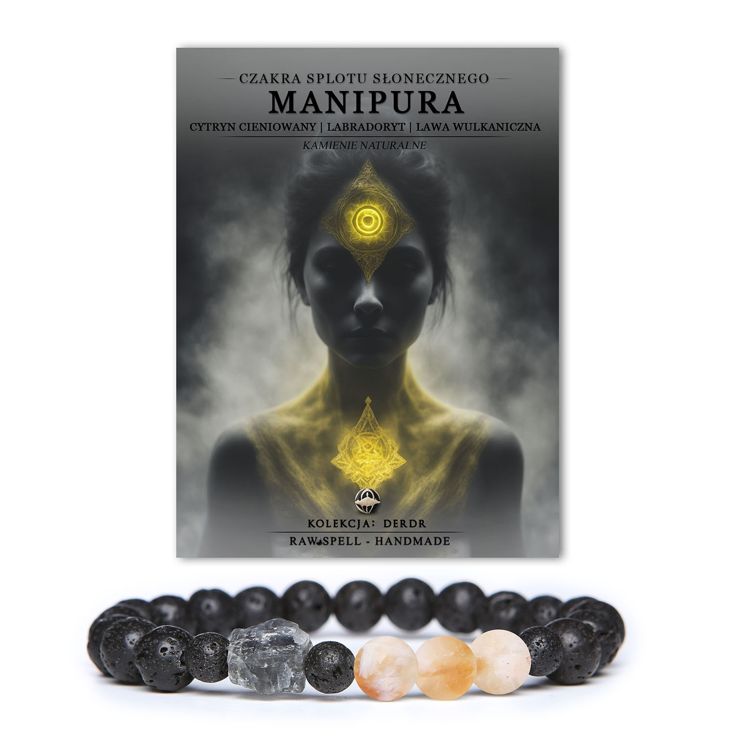Bransoletka z kamieni naturalnych: czakra splotu słonecznego Manipura i cytryn cieniowany, ozdobiona labradorytem i lawą wulkaniczną z kolekcji Derdr.