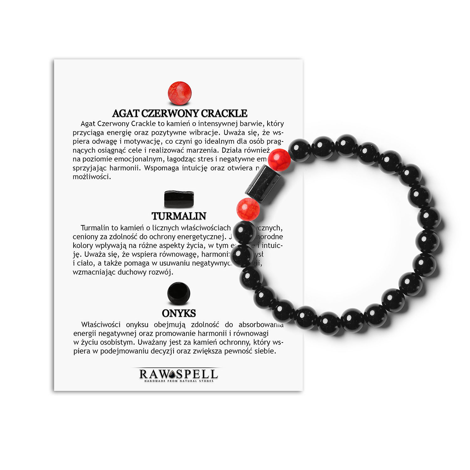 Elegancka bransoletka na gumce Arsil z kamieniami Agat Czerwony Crackle, Turmalin i Onyks dla każdego Bransoletka z kolekcji Arsil wykonana z naturalnych kamieni: agat czerwony crackle, turmalin i onyks. Idealna dla kobiet i mężczyzn.