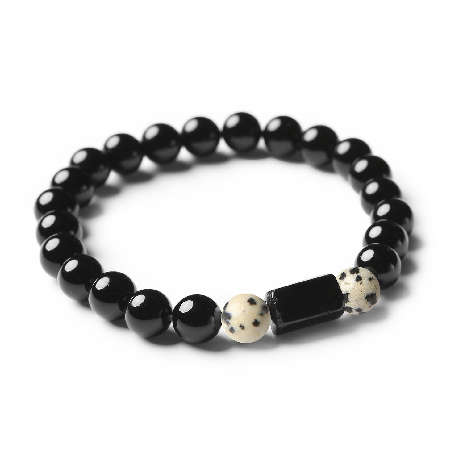 Stylowa bransoletka z kolekcji Arsil, ozdobiona Jaspisem Dalmatyńskim, Turmalinem i Onyksem, dla każdego, kto ceni biżuterię z naturalnych kamieni.