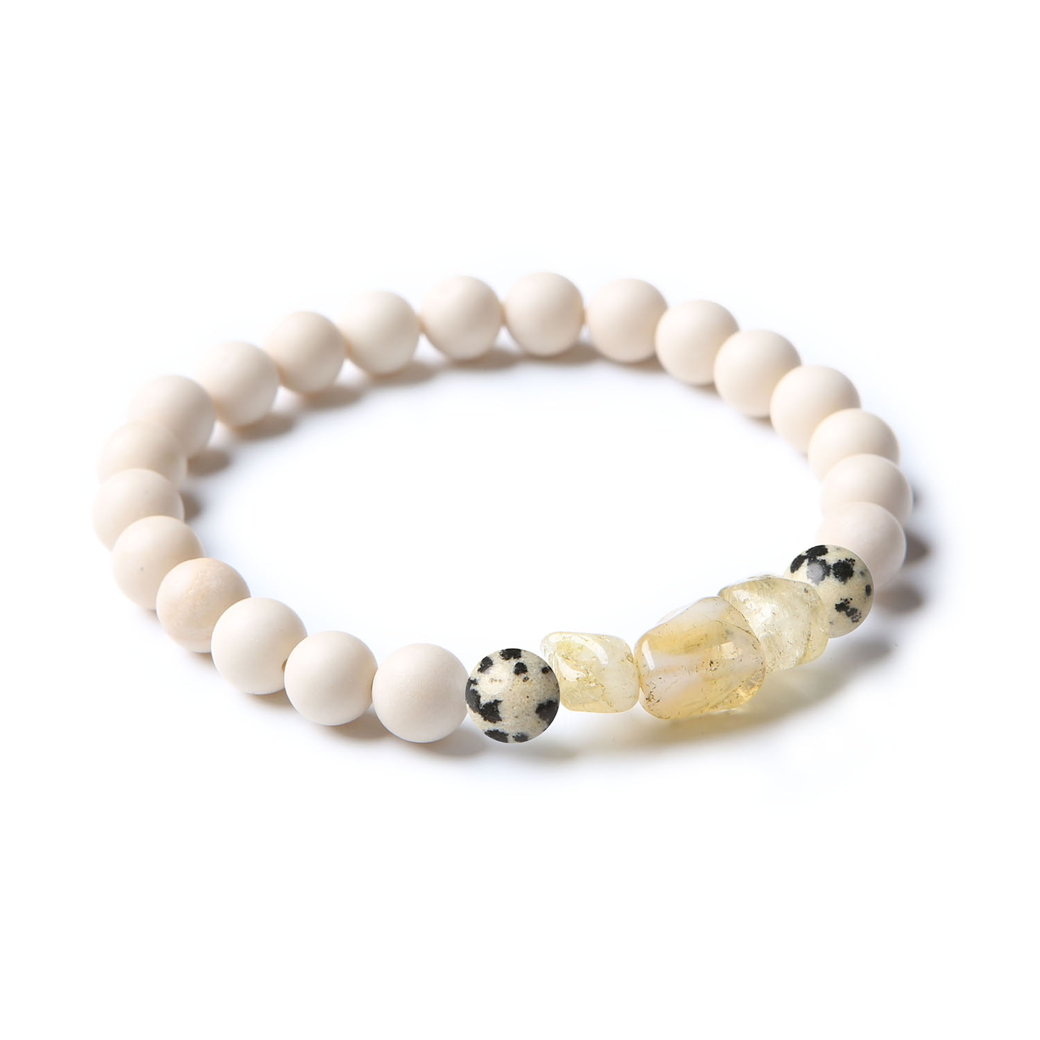 Stylowa bransoletka Cymiri z jaspisem dalmatyńskim, cytrynem i kamieniem rzecznym, idealna dla kobiet i mężczyzn.