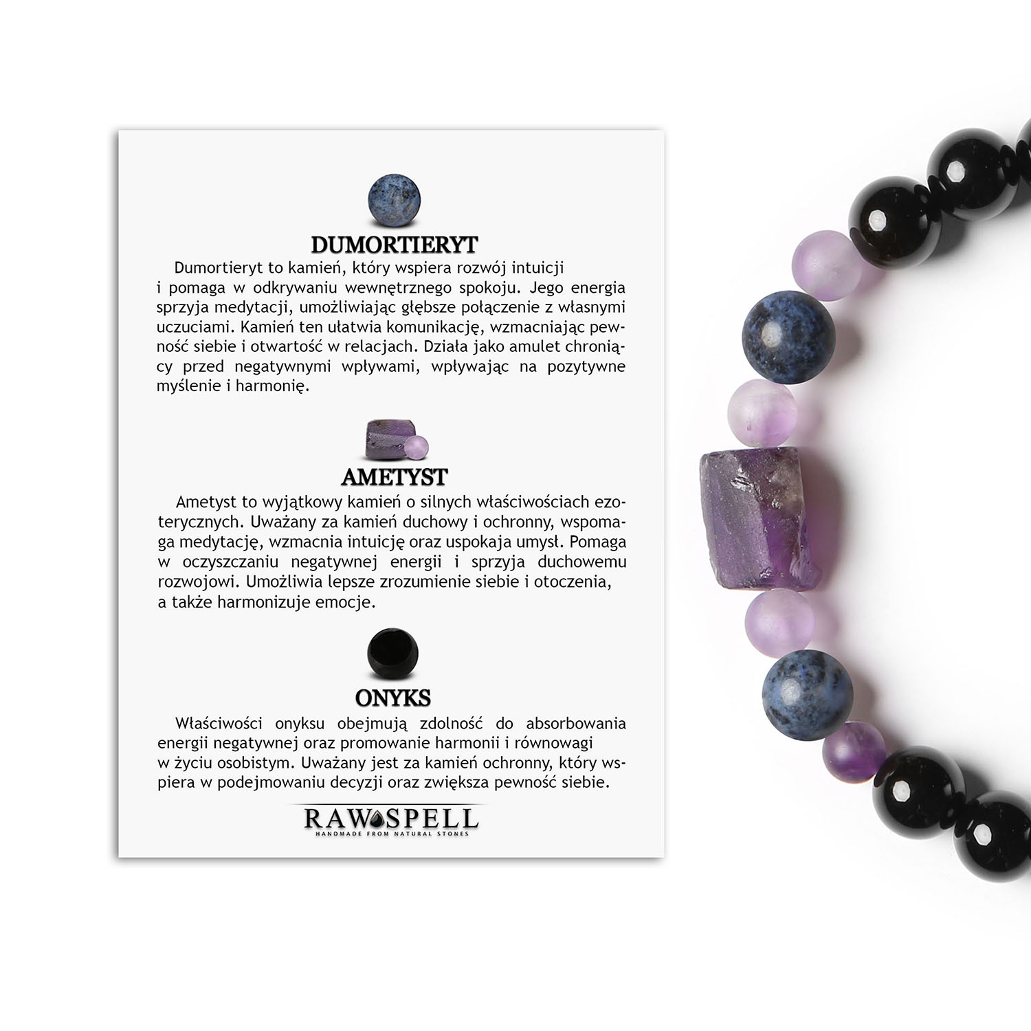Elegancka bransoletka na gumce Kema z dumortierytem, ametystem i onyksem dla każdego Stylowa bransoletka Kema z naturalnymi kamieniami: dumortierytem, ametystem i onyksami, dedykowana dla kobiet i mężczyzn.