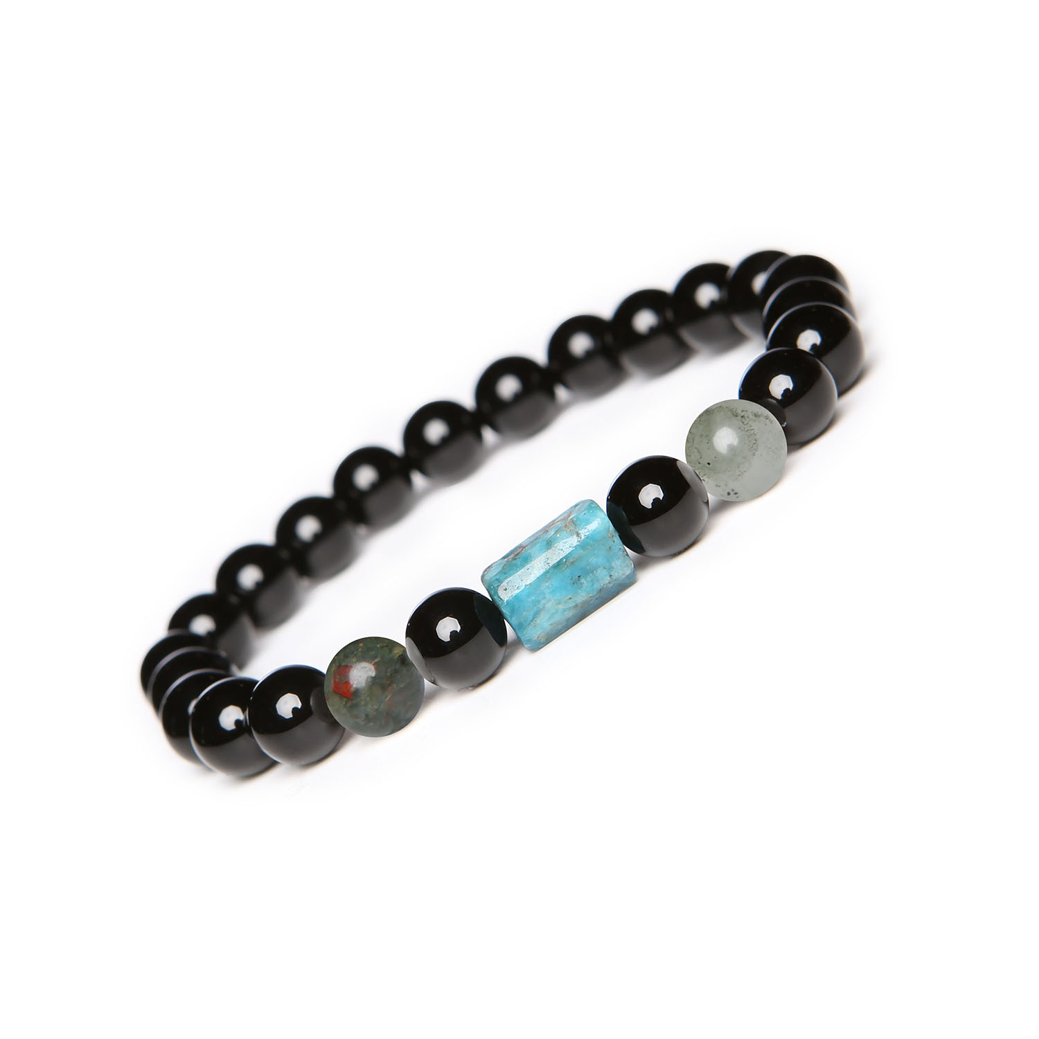 Elegancka bransoletka na gumce Laeri w Heliotropie z Apatytami i Onyksami, dedykowana zarówno Kobietom, jak i Mężczyznom Stylowa bransoletka z kolekcji Laeri, ozdobiona kamieniami heliotrop, apatyt i onyks, przeznaczona dla uniwersalnego stylu kobiet i mężczyzn.