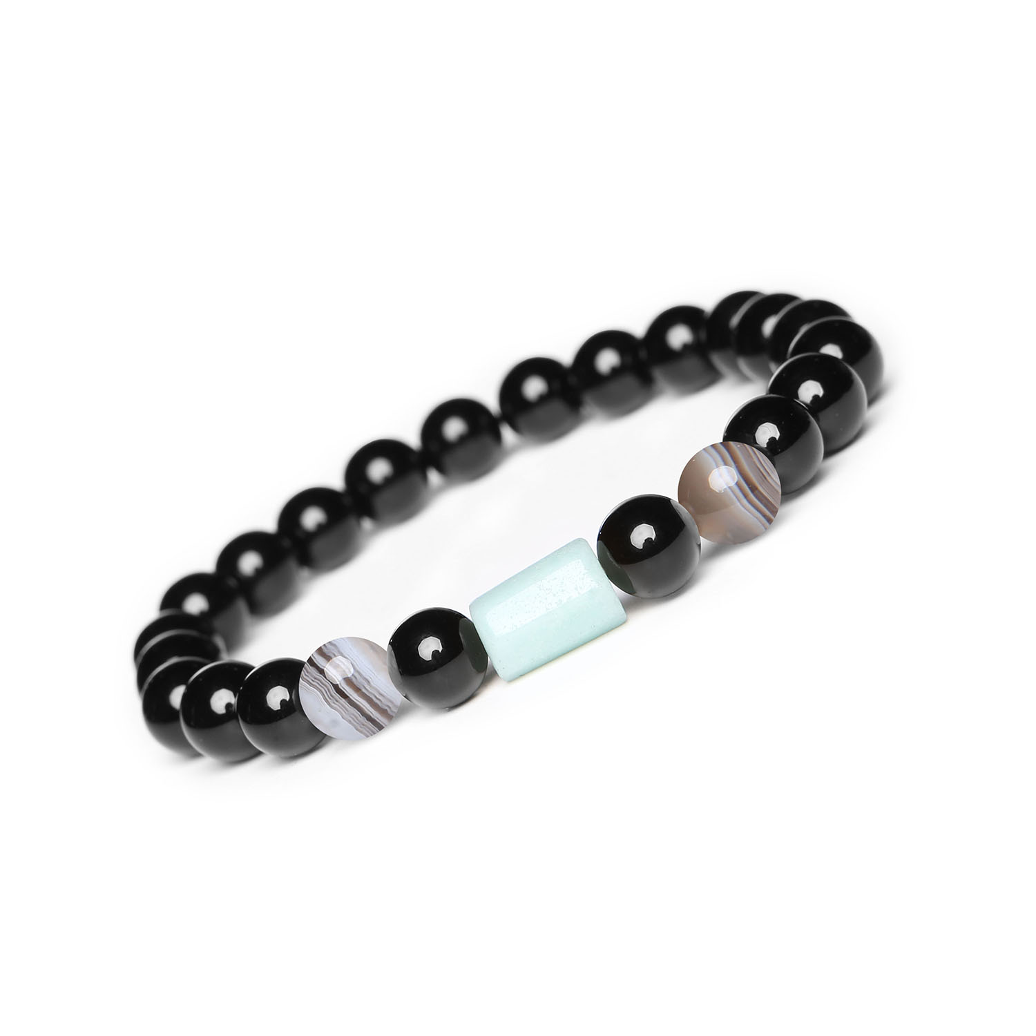 Elegancka bransoletka na gumce Laeri z Agatem Botswana, Amazonitem i Onyksami, idealna dla kobiet i mężczyzn Bransoletka z kolekcji Laeri wykonana z naturalnych kamieni: agat Botswana, amazonit i onyks, idealna dla kobiet i mężczyzn.