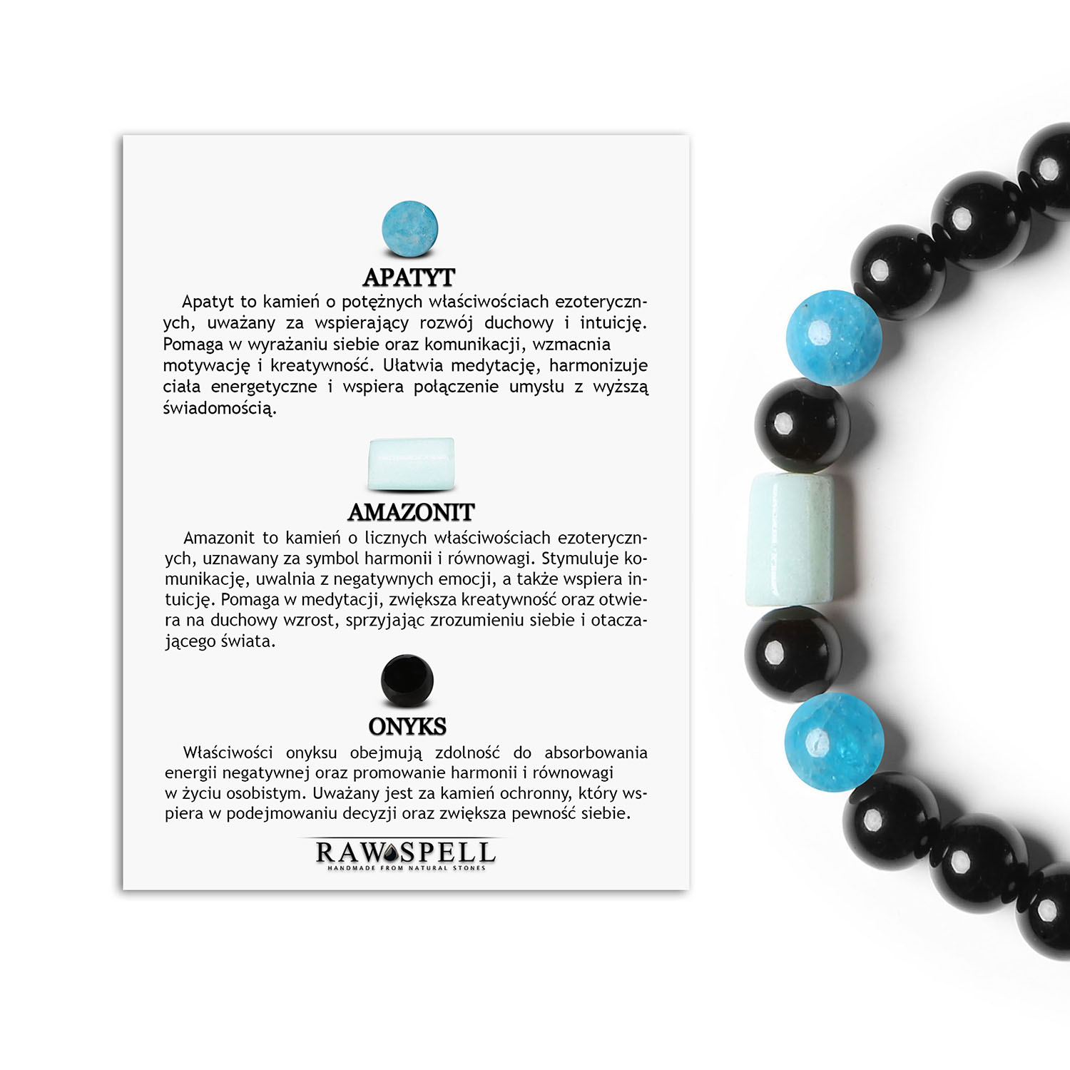 Elegancka bransoletka na gumce Laeri z Apatytem, Amazonitem i Onyksiem dla każdego Laeri - bransoletka dla tych, którzy cenią sobie piękno naturalne Ta bransoletka to wyraz uznania dla naturalnej urody kamieni. Każdy z użytych materiałów - apatytu, amazonitu i onyksu - ma swoją własną historię i walory. Bransoletka z Laeri to nie tylko ozdoba, ale także symbol związku z naturą i dbałości o jej piękno.