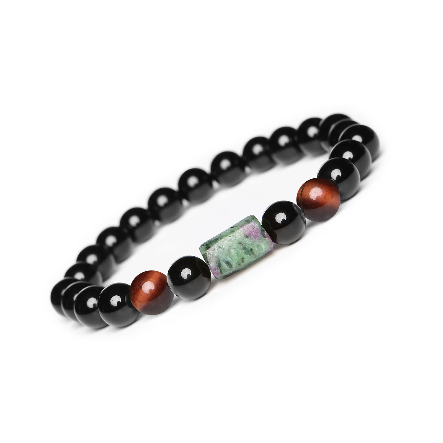 Elegancka bransoletka na gumce Laeri z Bawolim Okiem, Zoisyt z Rubinem oraz Onyksami dla Wszystkich Stylowa bransoletka Laeri na elastycznej gumce, w składzie Bawole Oko, Zoisyt z Rubinem oraz Onyks - idealna dla kobiet i mężczyzn.