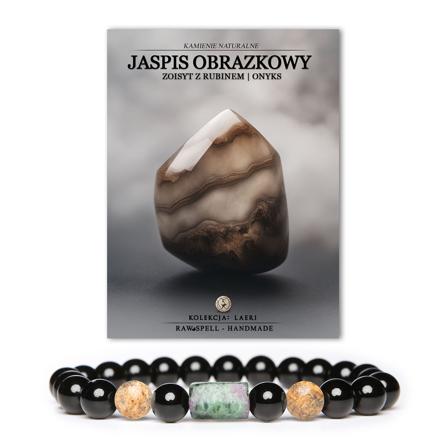 Elegancka bransoletka Laeri na gumce z naturalnych kamieni: jaspis obrazkowy, zoisyt z rubinem oraz onyks, doskonała na każdą okazję.
