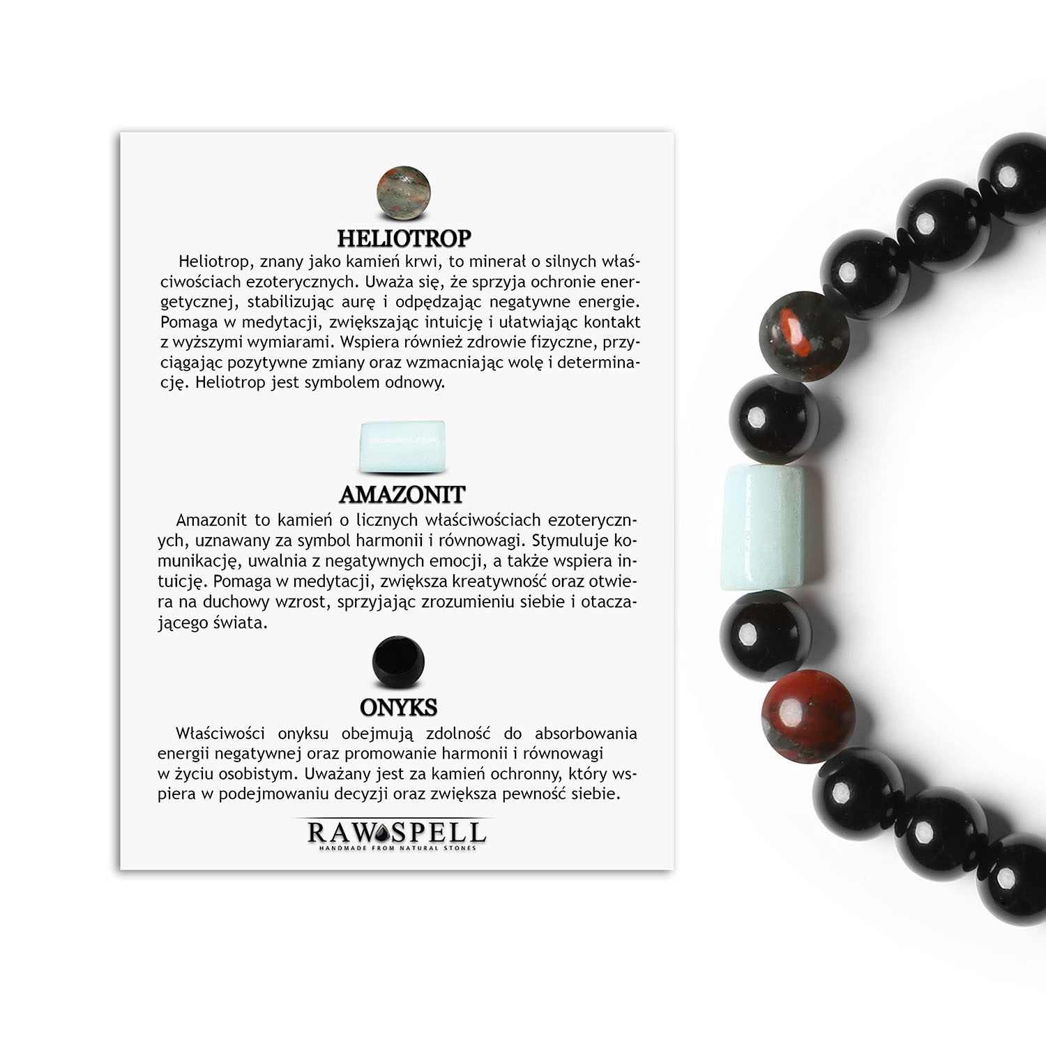 Elegancka bransoletka na gumce Laeri z heliotropem, amazonitem i onyksem dla kobiet i mężczyzn Stylowa bransoletka męska i damska z kolekcji Laeri, wykonana z kamieni heliotropu, amazonitu i onksu.