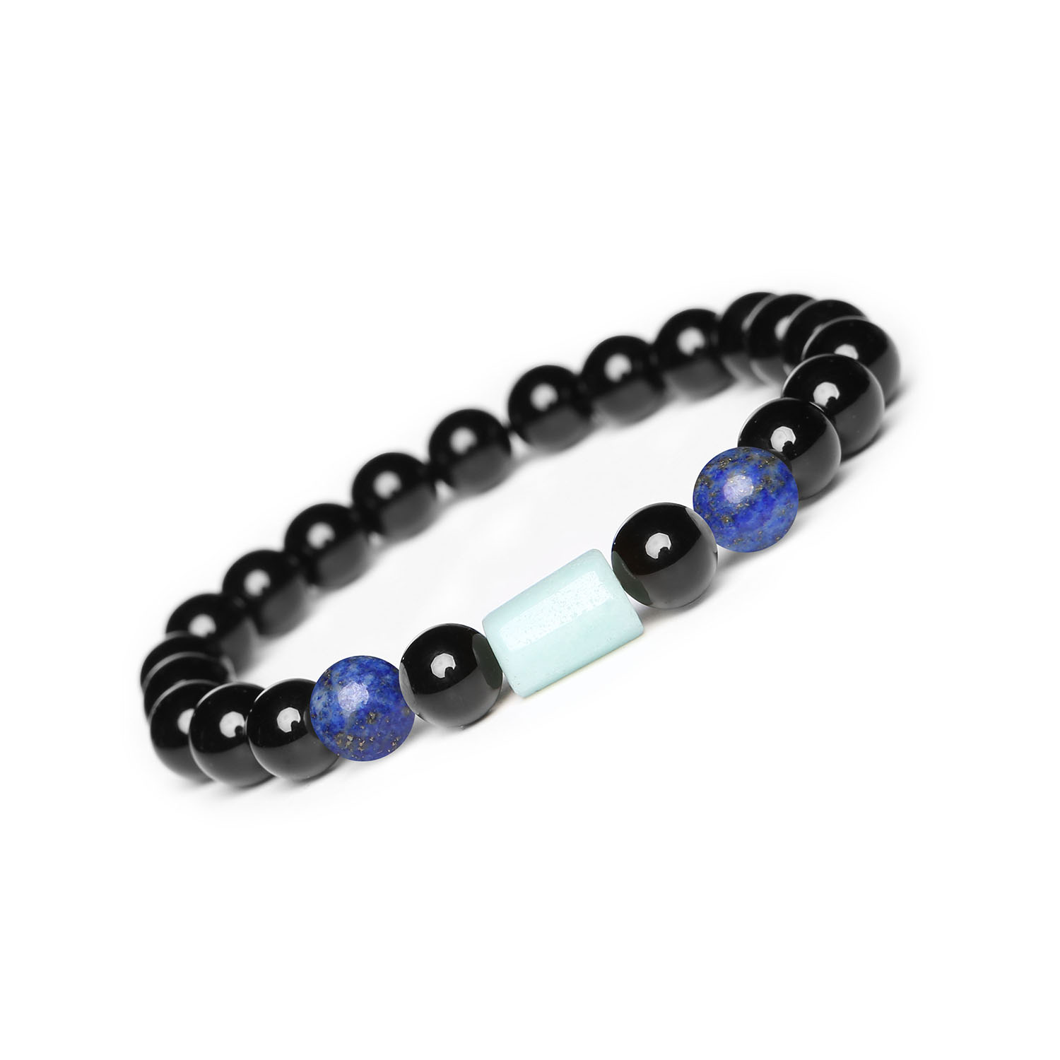 Elegancka bransoletka na gumce Laeri z kamieniami Lapis Lazuli, Amazonit i Onyks - unisex Bransoletka Laeri z naturalnych kamieni: lapis lazuli, amazonit i onyks, uniwersalna biżuteria dla kobiet i mężczyzn.