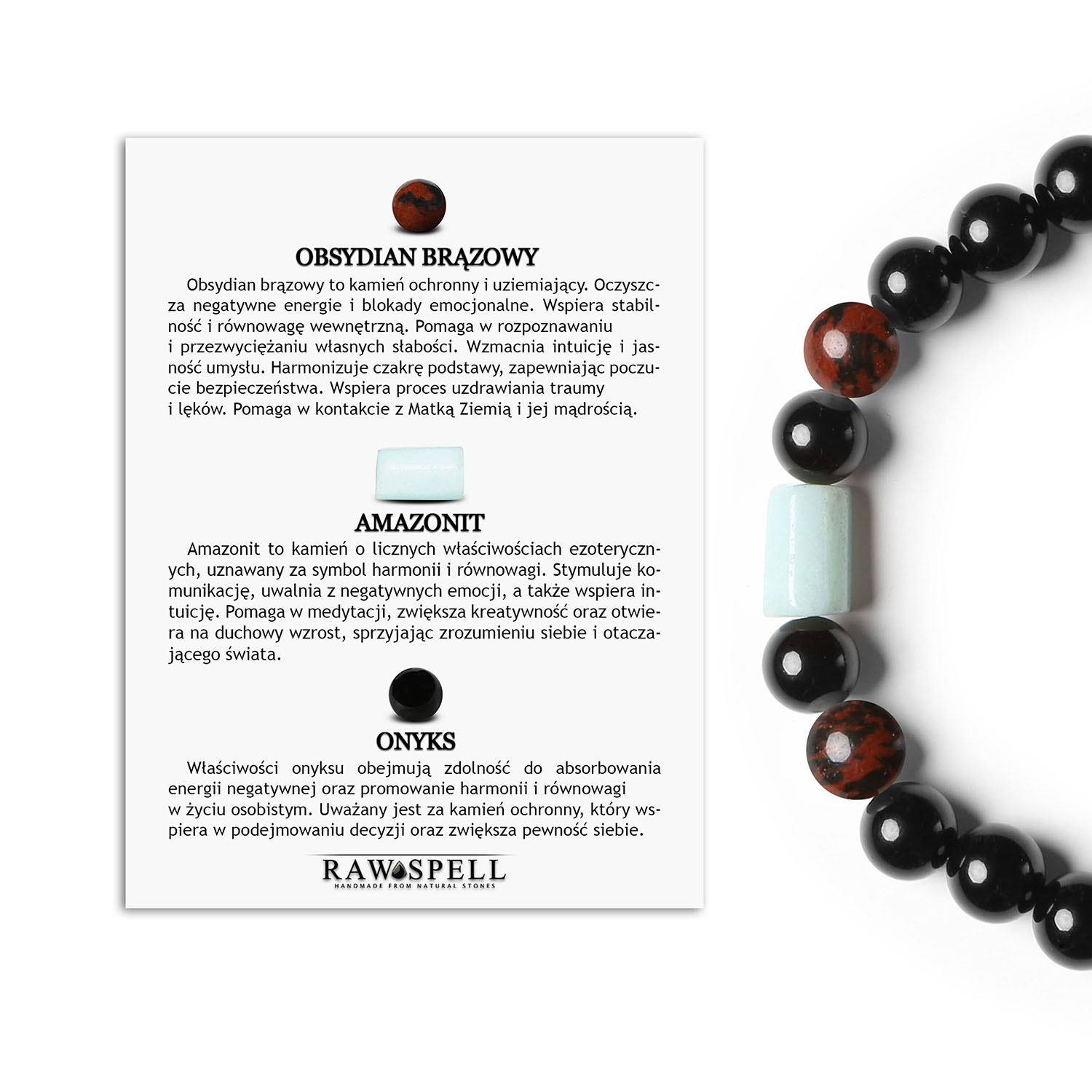 Elegancka bransoletka na gumce Laeri z obsydianem brązowym, amazonitem i onyksami dla każdego Bransoletka Laeri z naturalnymi kamieniami: brązowy obsydian, amazonit i onyks, dostępna dla kobiet i mężczyzn.