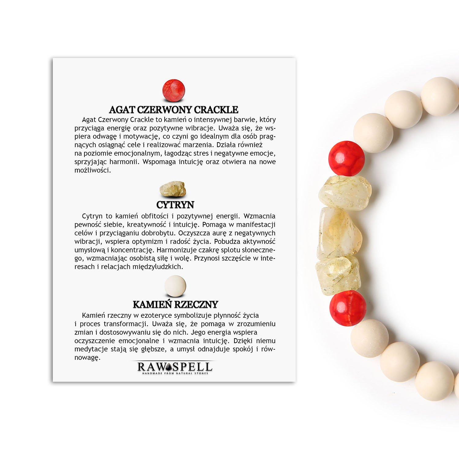 Elegancka bransoletka na gumce z Agatem Czerwonym Crackle, Cytrynem i Kamieniem Rzecznym z kolekcji Cymiri, dla kobiet i mężczyzn Bransoletka z kolekcji Cymiri, Kamienie naturalne. Cytryn - idealna dla tych, którzy cenią sobie pięknie zrelaksowaną atmosferę.