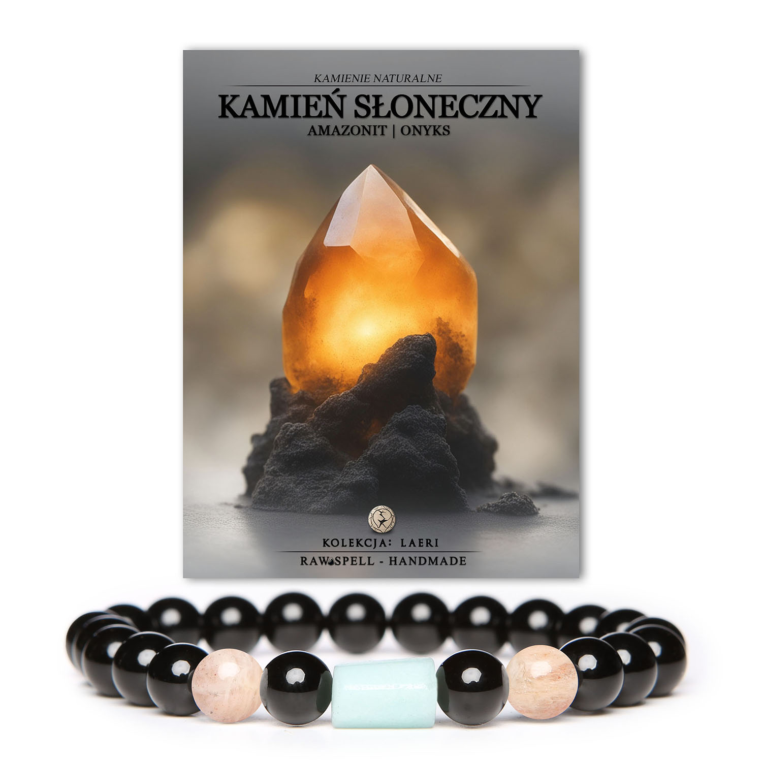 Stylowa bransoletka z kolekcji Laeri wykonana z Kamienia Słonecznego, Amazonitu i Onyksu, dedykowana dla kobiet oraz mężczyzn.