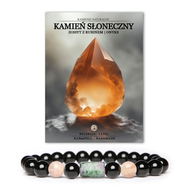 Bransoletka Laeri z naturalnych kamieni: Kamień Słoneczny, Zoisyt z Rubinem oraz Onyks, doskonała biżuteria unisex na gumie.