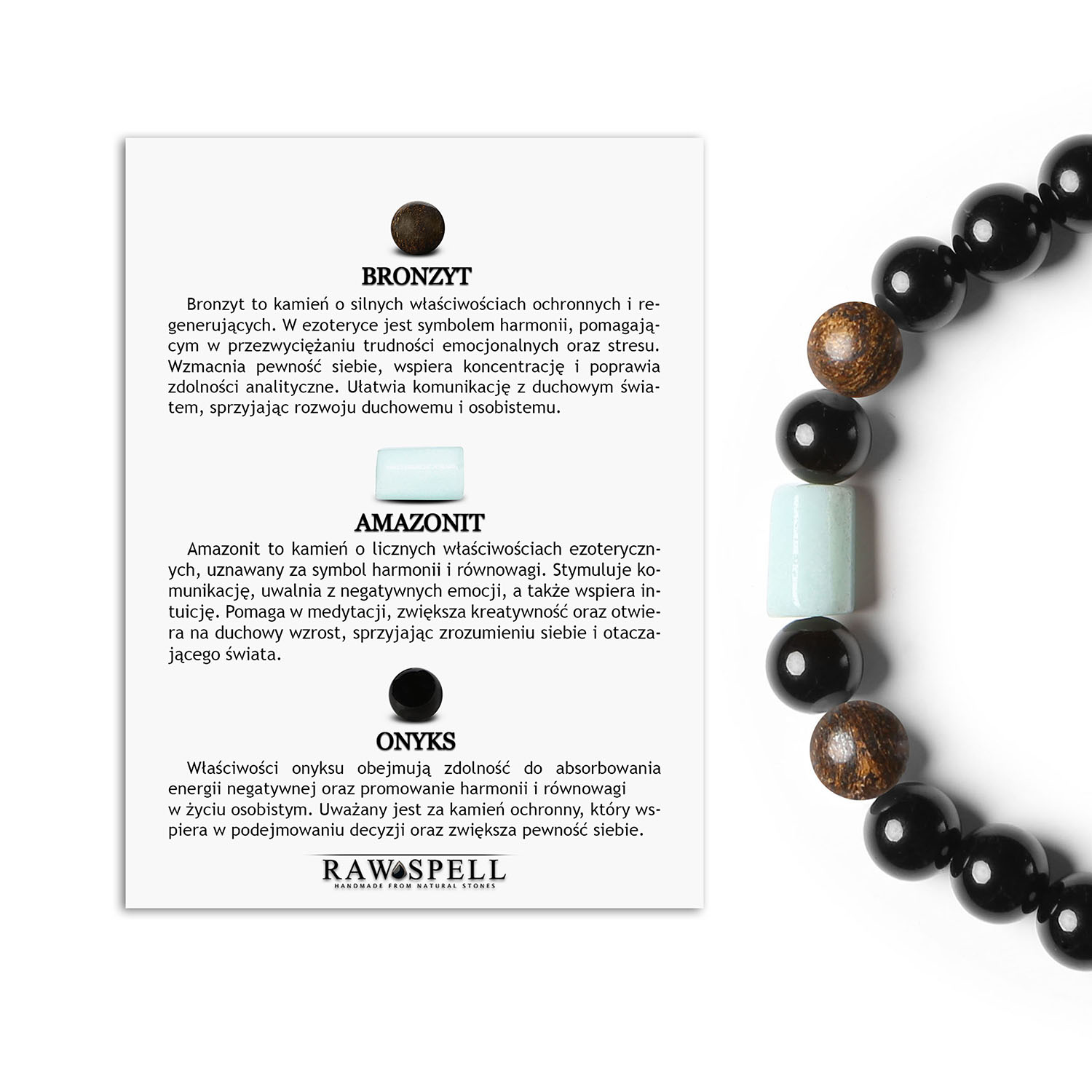 Elegancka bransoletka na gumce z bronzytem, amazonitem i onyksem z kolekcji Laeri dla wszystkich Stylowa bransoletka Laeri wykonana z bronzytu, amazonitu i onyksu, przeznaczona dla kobiet i mężczyzn.