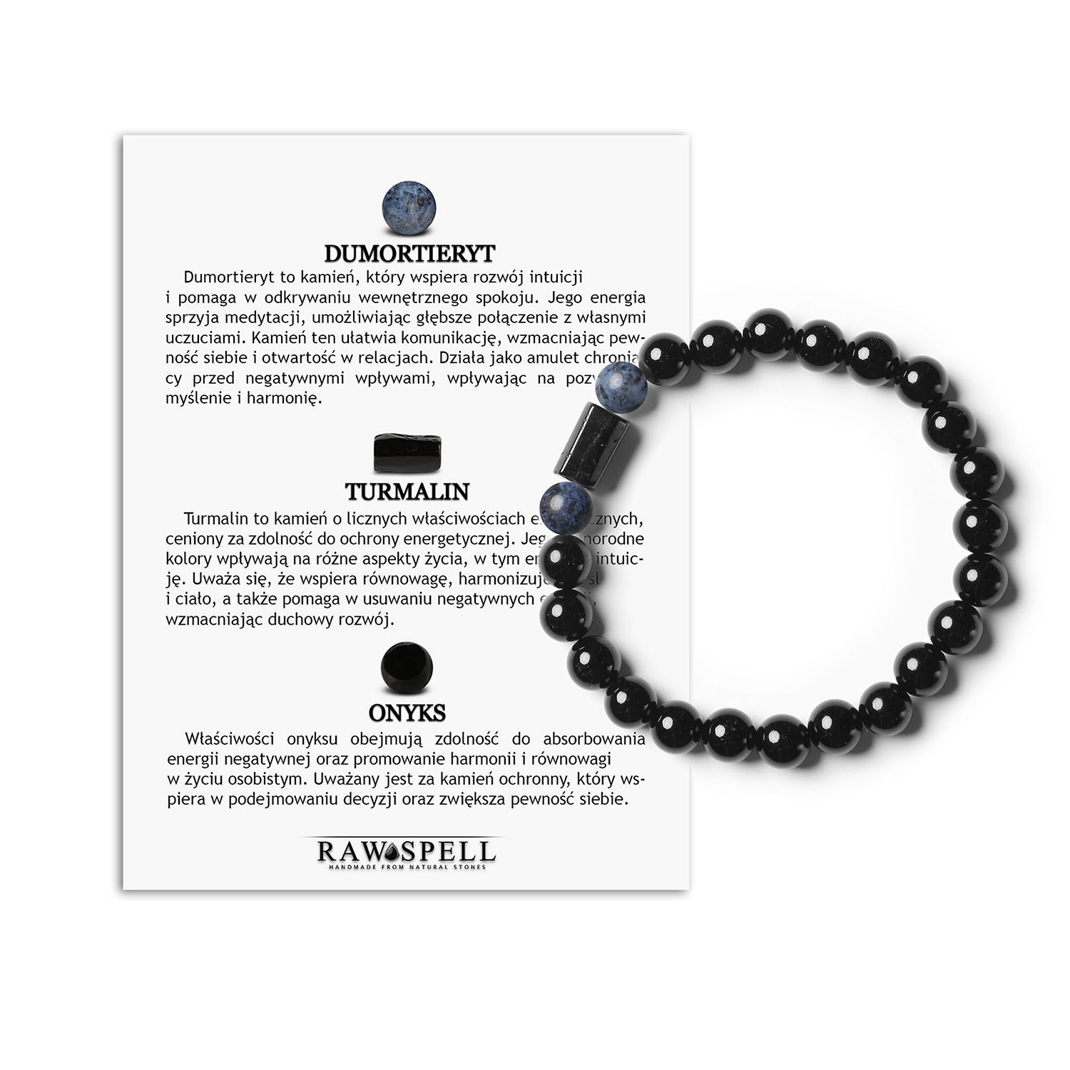 Elegancka bransoletka na gumce z dumortierytu, turmalinu i onyksu z kolekcji Arsil dla każdego Elegancka bransoletka z kolekcji Arsil, ozdobiona naturalnymi kamieniami: dumortierytem, turmalinem i onyksem, idealna dla kobiet i mężczyzn.