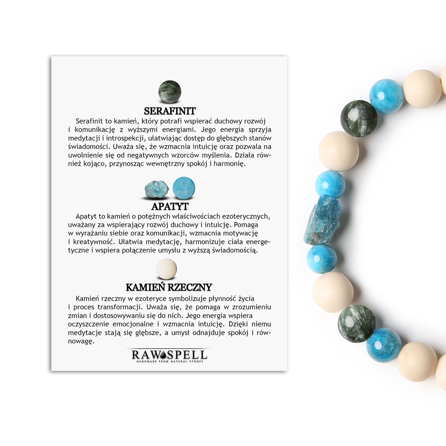 Elegancka bransoletka na gumce z kamieniami serafinit, apatyt oraz kamień rzeczny idealna dla kobiet i mężczyzn Oto obudzone kamienie naturalne w bransolecie z kolekcji Fair. Ten piękny i elegancki dodatek jest doprawdy idealny dla kobiety i mężczyzny, który ceni sobie proste, klasyczne design.