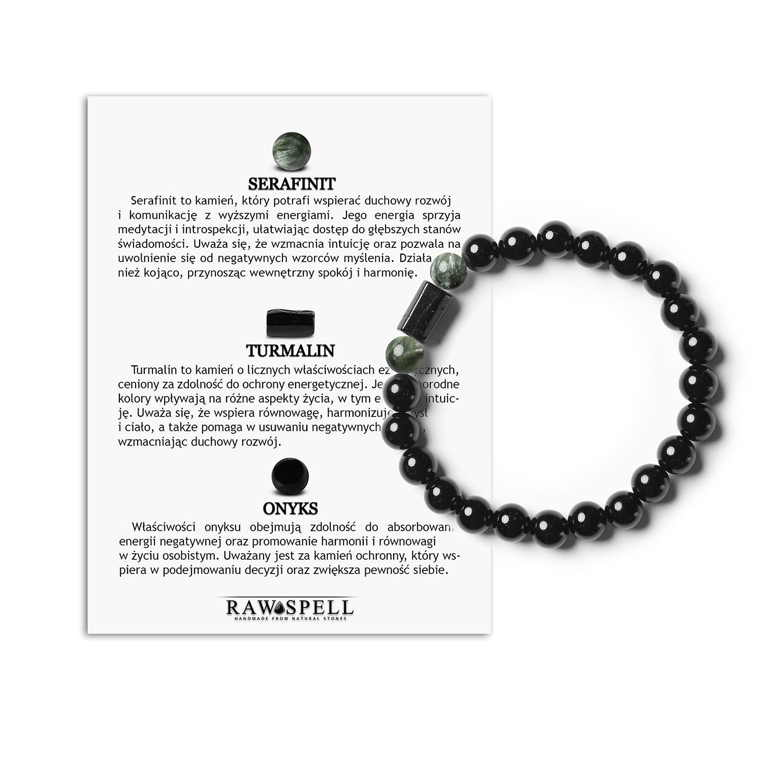 Elegancka bransoletka na gumce z kolekcji Arsil z serafinitu, turmalinu i onyksu dla par Bransoletka Arsil z naturalnymi kamieniami: serafinit, turmalin i onyks, idealna dla kobiet i mężczyzn."